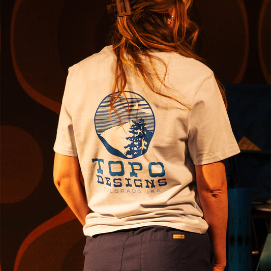 General model shot of Vintage View tee in "Breeze Blue"