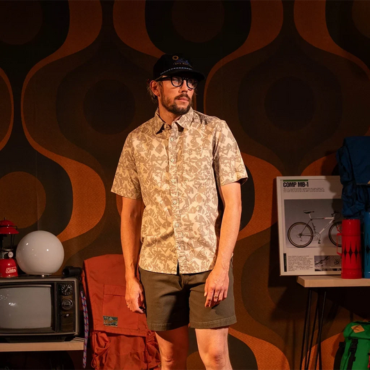 General front view of Topo Designs Desert Shirt Short Sleeve - Men's in "Cobblestone Geo"