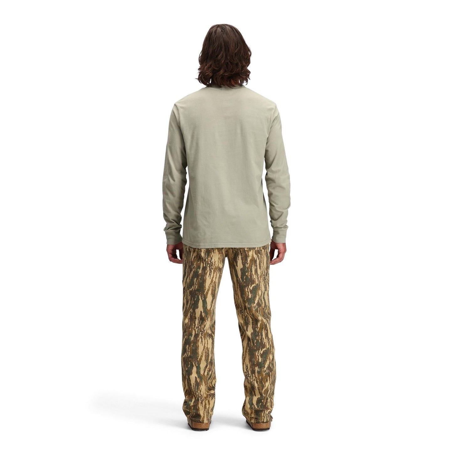 Back model shot of Topo Designs Dirt Pocket Tee Long Sleeve - Men's in "Dried Sage"