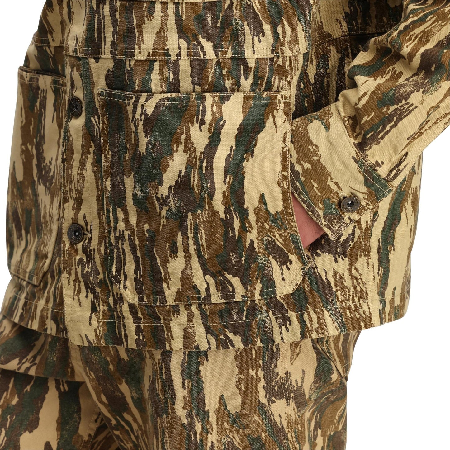 Detail shot of Topo Designs Dirt Utility Jacket - Men's in "Dirt Camo Print"