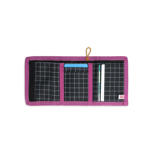 Front View of Topo Designs Tri-Fold Wallet in "Black / White Grid"