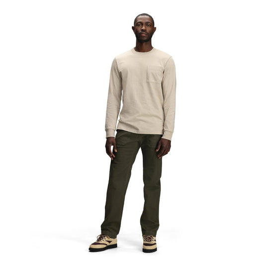 General front model shot of Topo Designs Dirt Pocket Tee Long Sleeve - Men's in "Cobblestone"