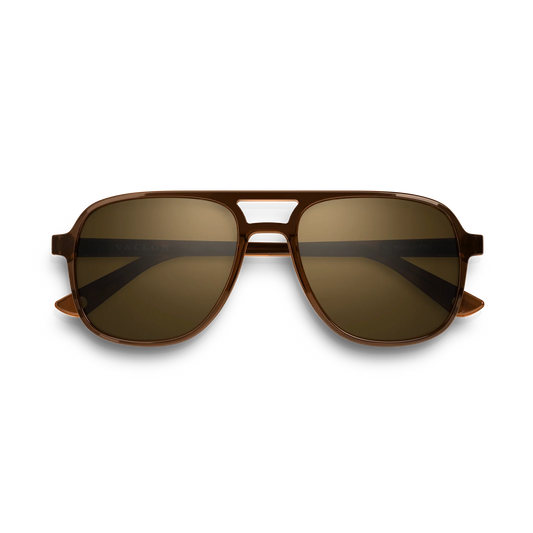 General front view of VALLON X Topo Designs sunglasses in "Brown / Brown" with sunglass arms closed.