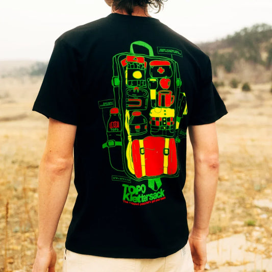 General front model image of Topo Designs x Pine Printshop Klettersack Tee in "Black"