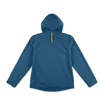 PackFast travel packing band on back of Topo Designs Men's Global Jacket packable 10k waterproof rain shell in recycled "Pond Blue" polyester.