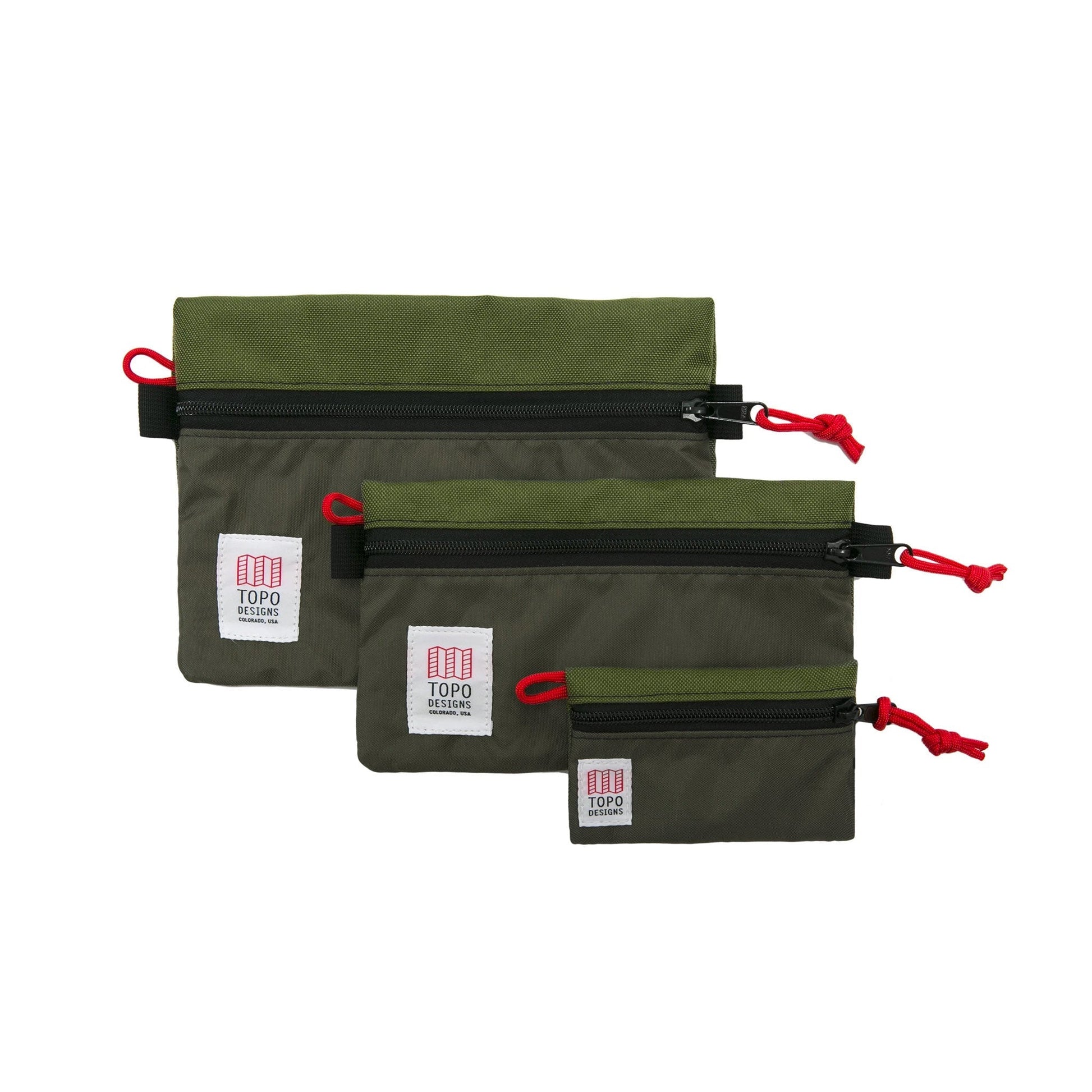 Topo Designs Accessory Bags - product shot of the "Medium", "Small", and "Micro" accessory bags in "Olive" "Olive".