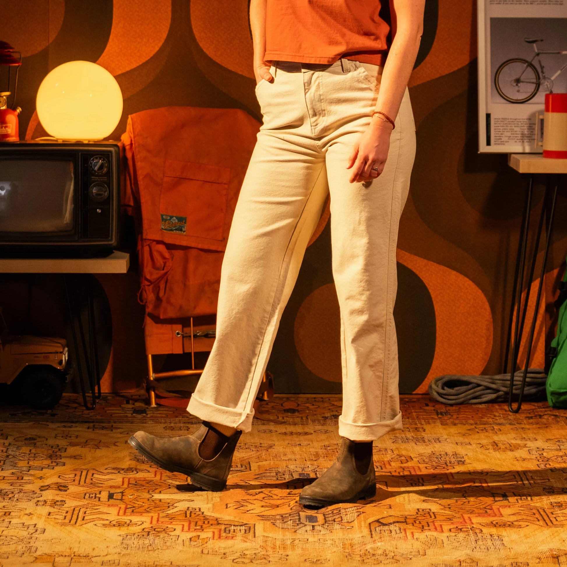 General model shot of Topo Designs Utility Pants Undyed - Women's in "Undyed"