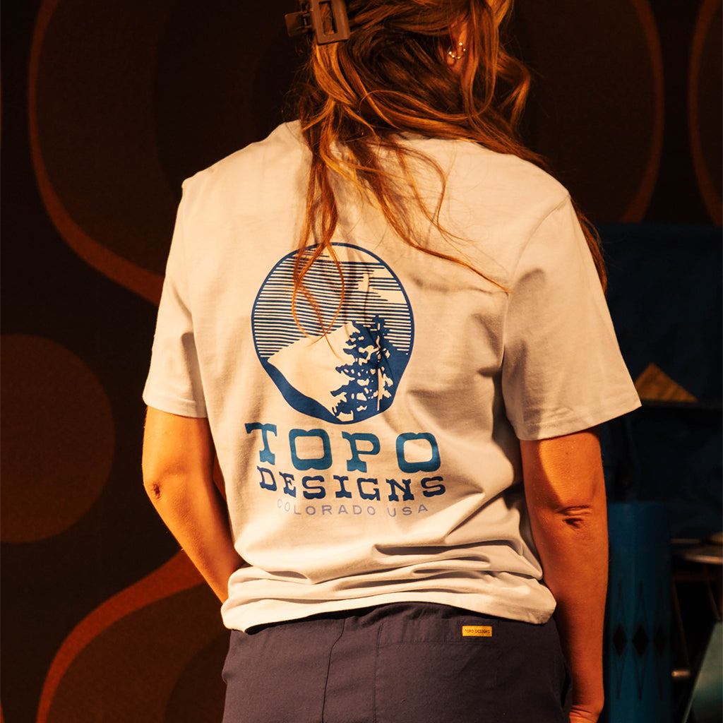 General model shot of Vintage View tee in "Breeze Blue"