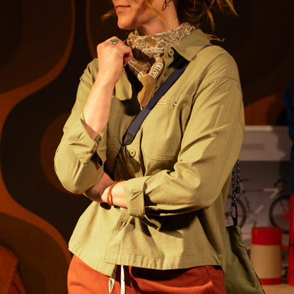 General image of female model in studio wearing Topo Designs Daytripper Shirt Long Sleeve - Women's