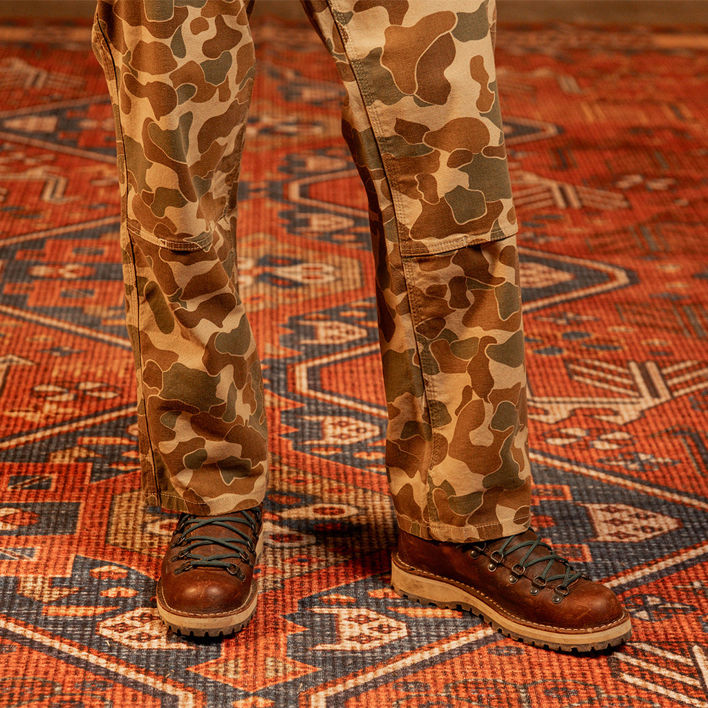 Detail image of woman wearing "Duck Camo" Utility Pants