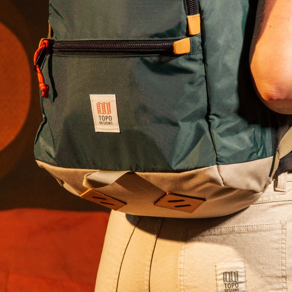 General model view detail image of the Topo Designs Classic Teardrop Backpack in "Forest".