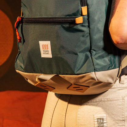 General model view detail image of the Topo Designs Classic Teardrop Backpack in "Forest".