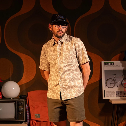General front view of Topo Designs Desert Shirt Short Sleeve - Men's in "Cobblestone Geo"
