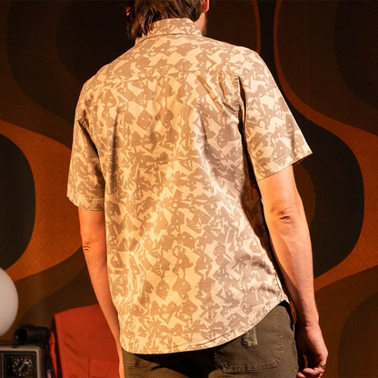 General back view of Topo Designs Desert Shirt Short Sleeve - Men's in "Cobblestone Geo"