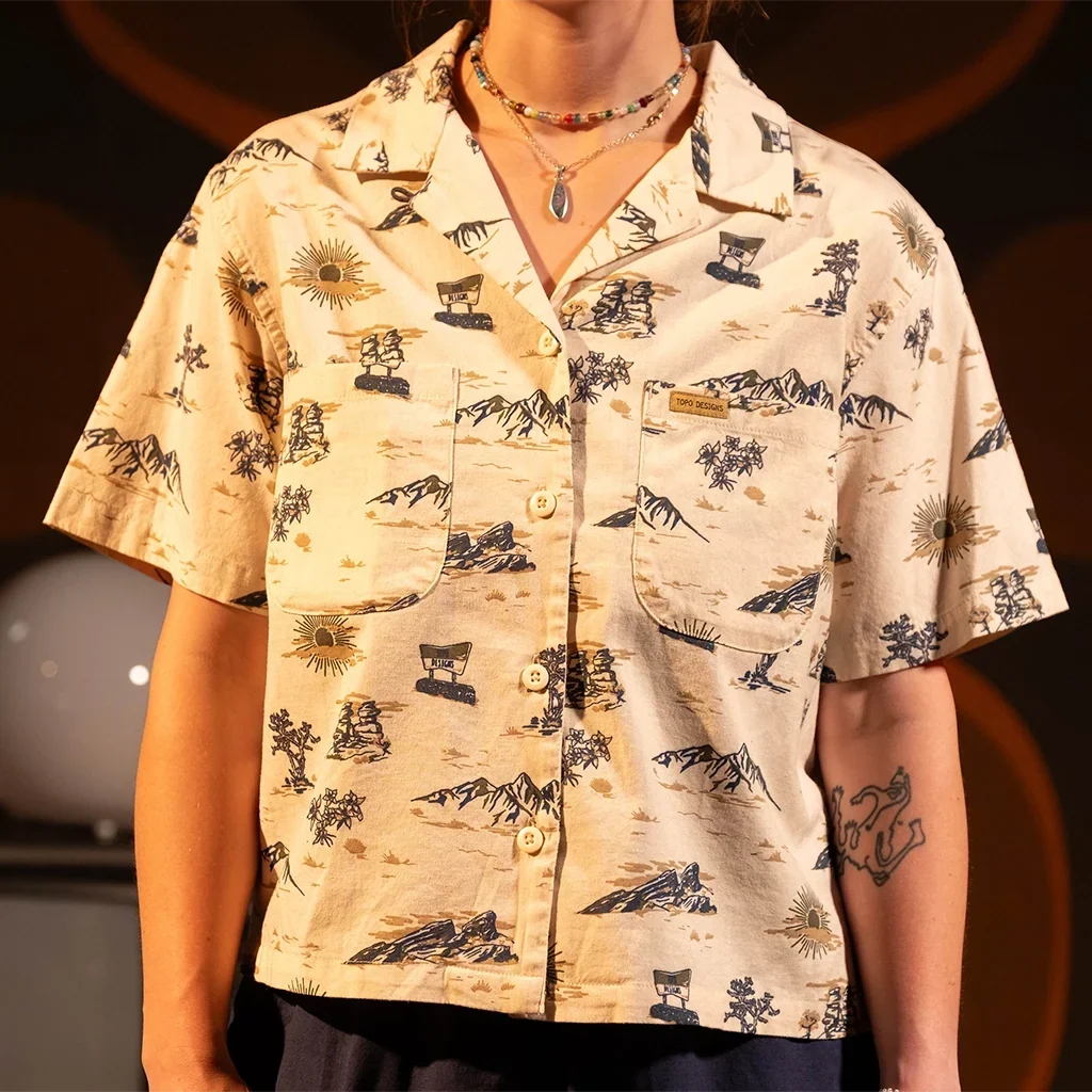 General front detail view of Topo Designs Daytripper Short Sleeve - Women's in "Westbound"