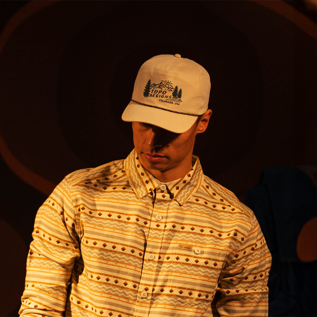 General image of Topo Designs Twill Rope Cap - Mountain Scene in "Bone White"