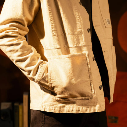 General model shot of Front view of Topo Designs Utility Jacket Undyed - Men's in "Undyed"