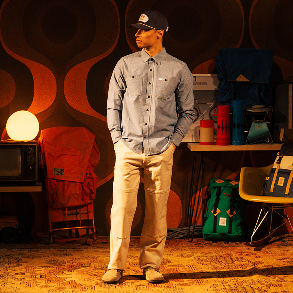 General model shot of Topo Designs Twill Rope Cap - Draft in "Midnight"