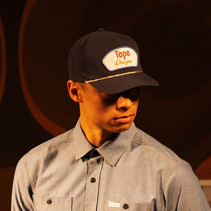 General model shot of Topo Designs Twill Rope Cap - Draft in "Midnight"