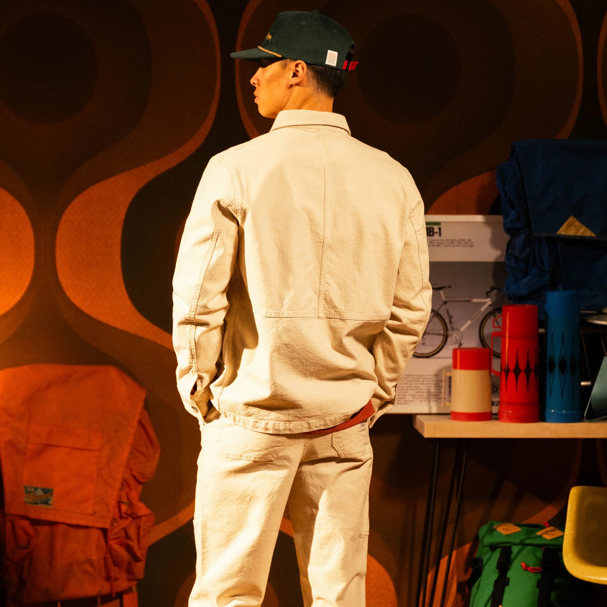 General model shot of Front view of Topo Designs Utility Jacket Undyed - Men's in "Undyed"