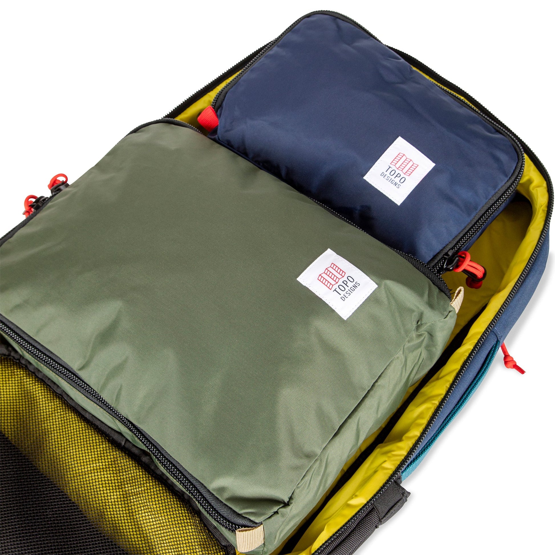 Shot of Pack Bags inside Topo Designs Global Travel Bag 30L Durable Carry On Convertible Laptop Travel Backpack.