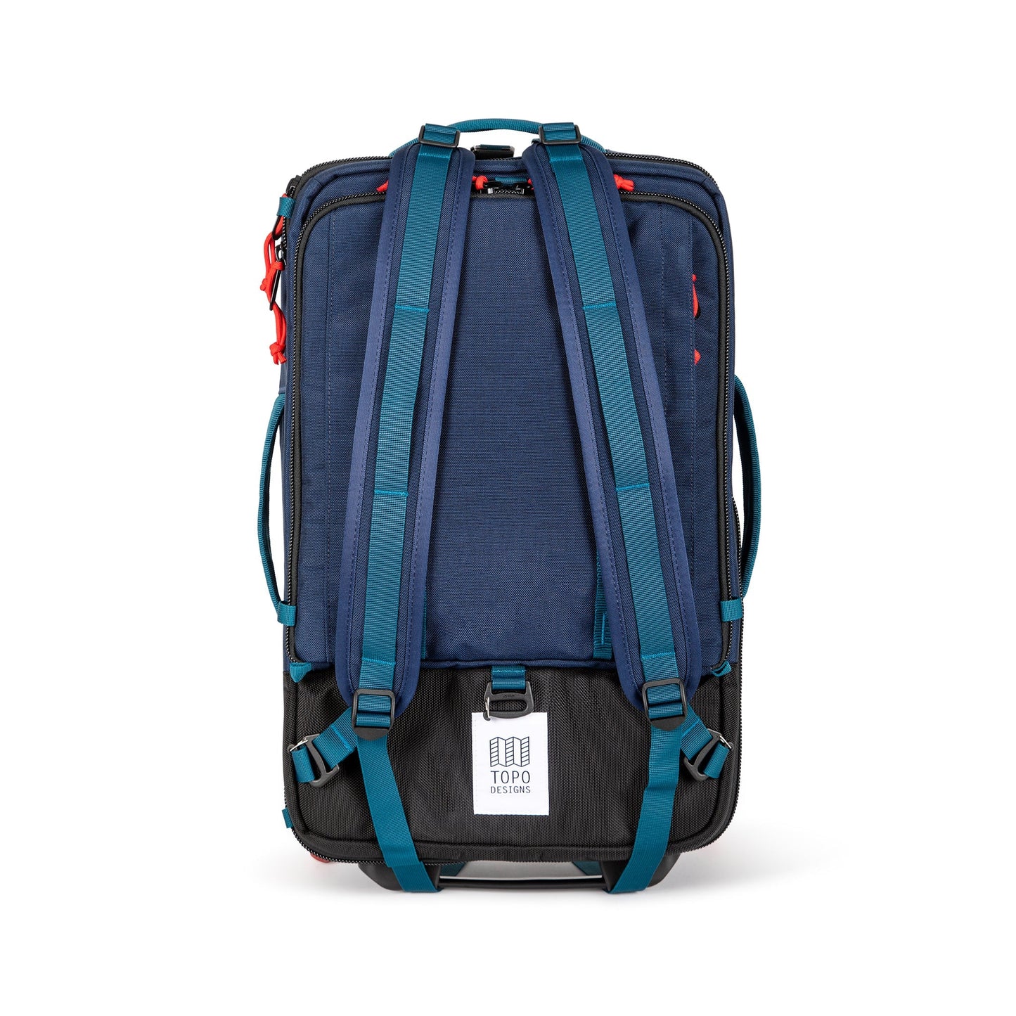 Shot of backpack straps on Topo Designs Global Travel Bag Roller durable carry-on convertible laptop rolling suitcase in Navy blue.