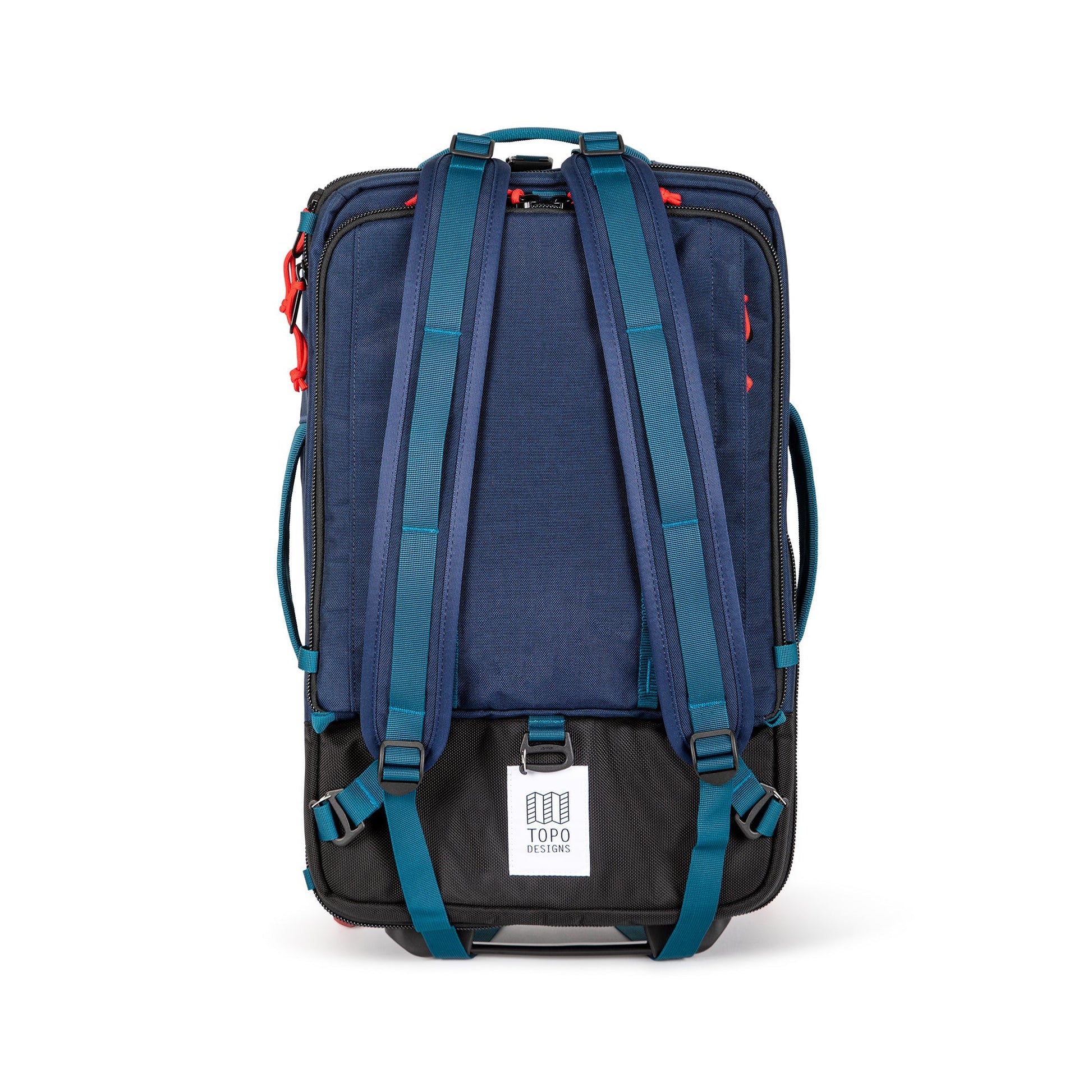 Shot of backpack straps on Topo Designs Global Travel Bag Roller durable carry-on convertible laptop rolling suitcase in Navy blue.