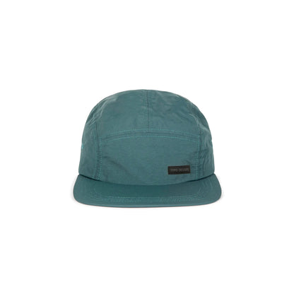 Topo Designs Nylon Camp 5-panel flat brim Hat in "Juniper" green.