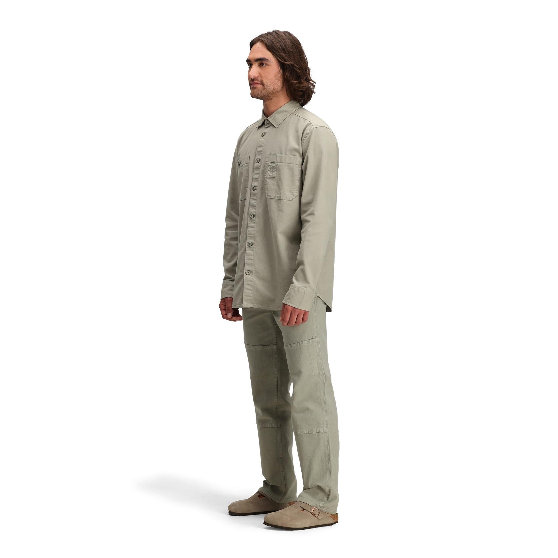 General side model shot of Topo Designs Dirt Overshirt - Men's in "Dried Sage"
