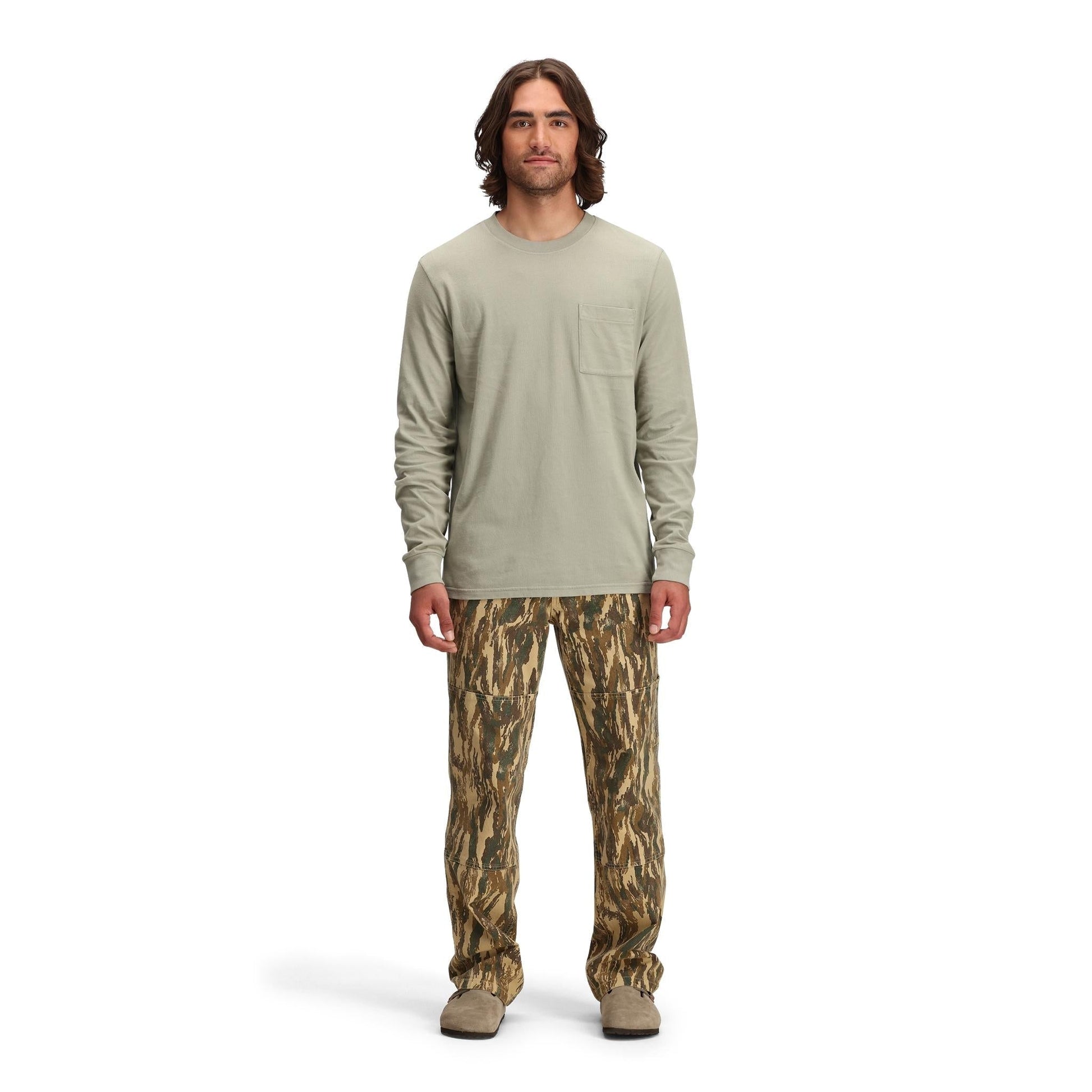 Front model shot of Topo Designs Dirt Pocket Tee Long Sleeve - Men's in "Dried Sage"