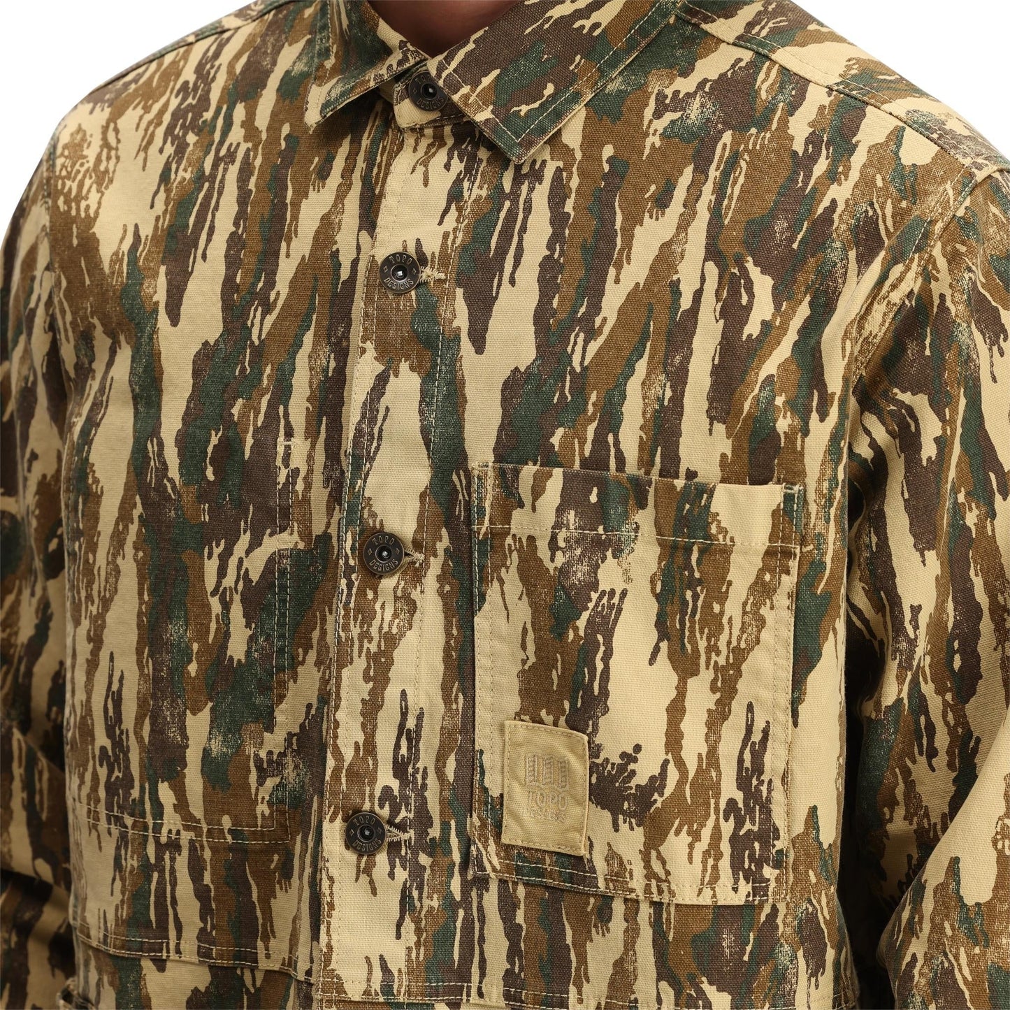 Detail shot of Topo Designs Dirt Utility Jacket - Men's in "Dirt Camo Print"