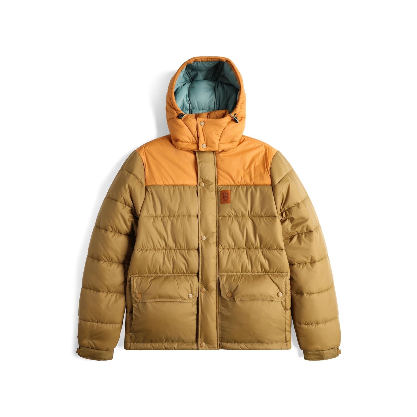Front View of Topo Designs Retro Ridge Puffer Jacket - Men's in "Dark Khaki / Spice"