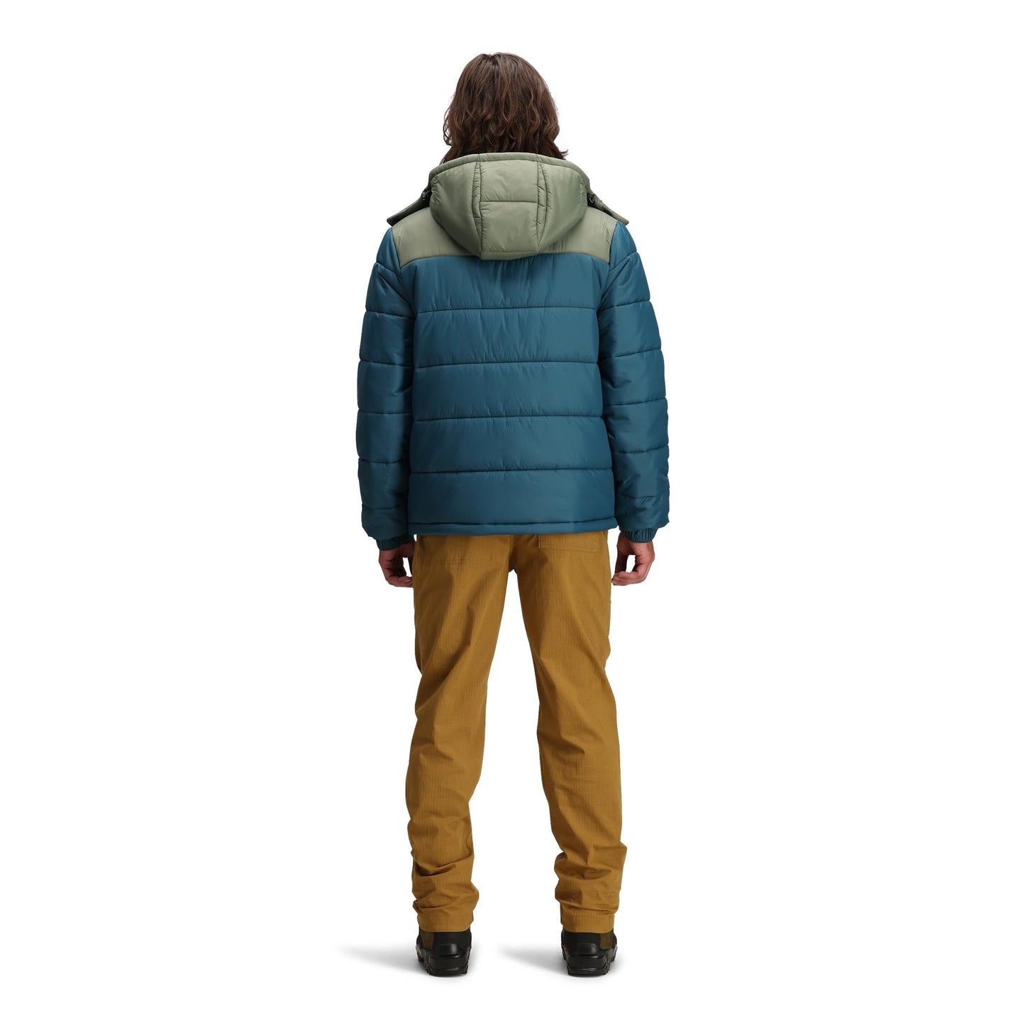 General back model shot of Topo Designs Retro Ridge Puffer Jacket - Men's in "Pond Blue / Beetle"