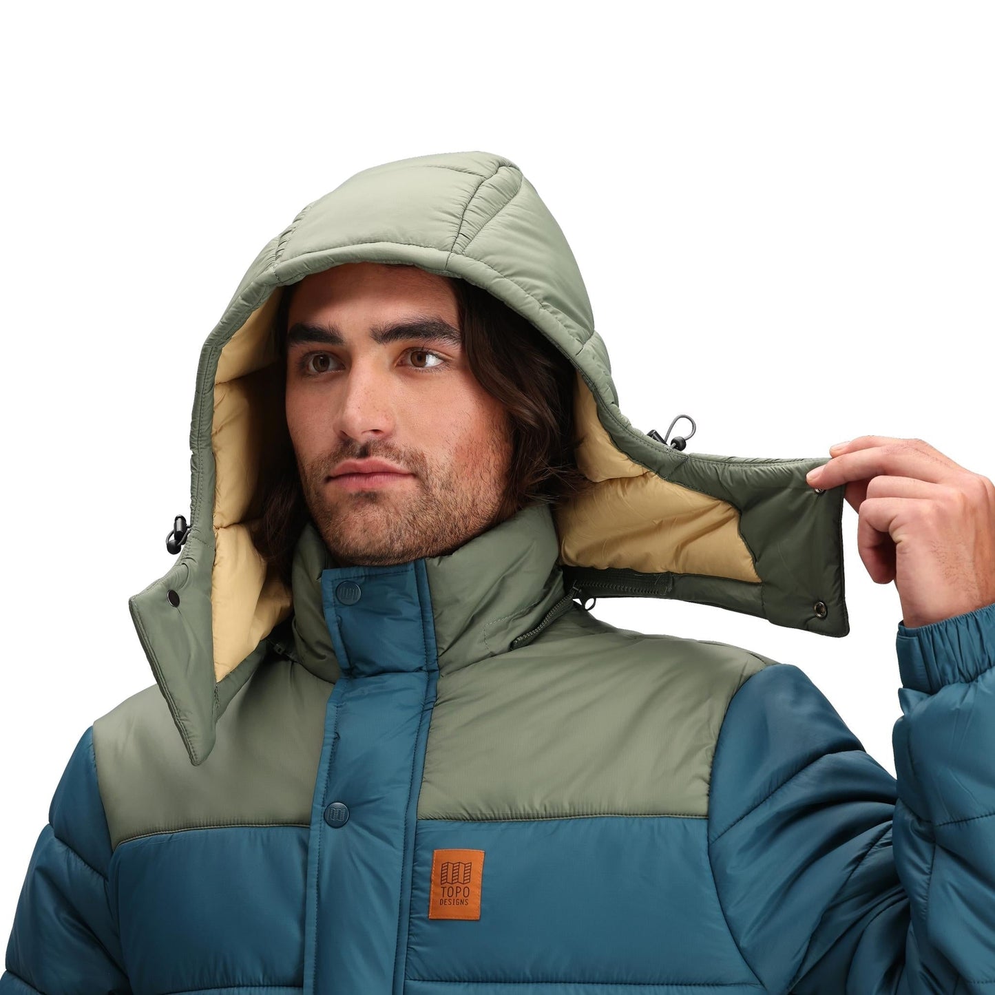 General Detail shot of Topo Designs Retro Ridge Puffer Jacket - Men's in "Pond Blue / Beetle"