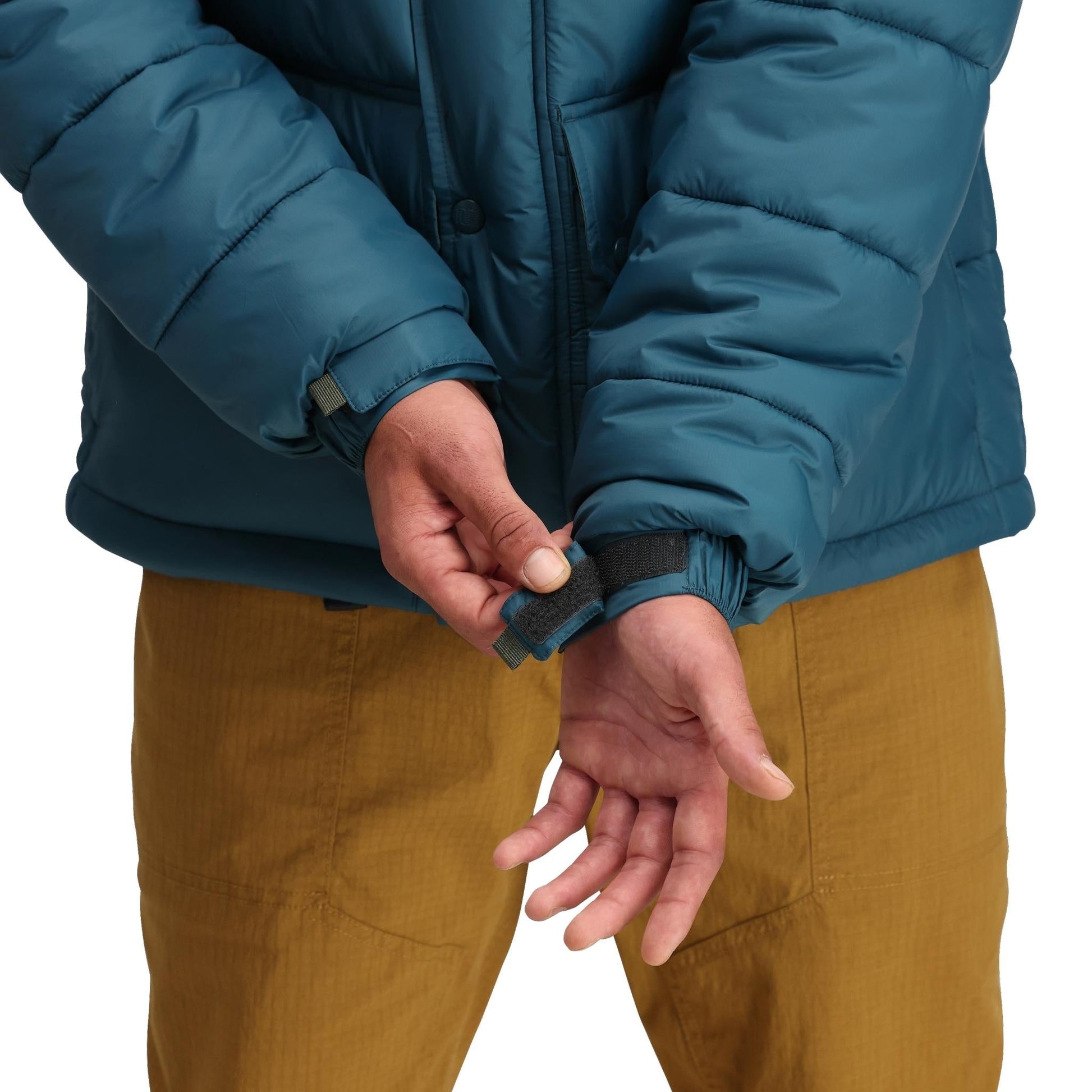General Detail shot of Topo Designs Retro Ridge Puffer Jacket - Men's in "Pond Blue / Beetle"