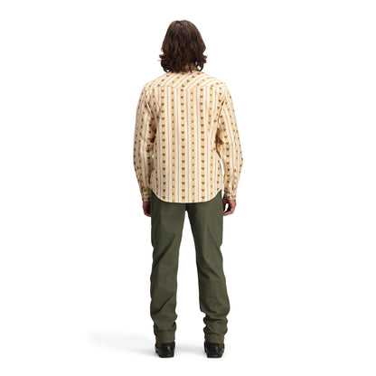 Back model shot of Topo Designs Mountain Shirt Long Sleeve - Men's in "Mountain Angle Bone White"