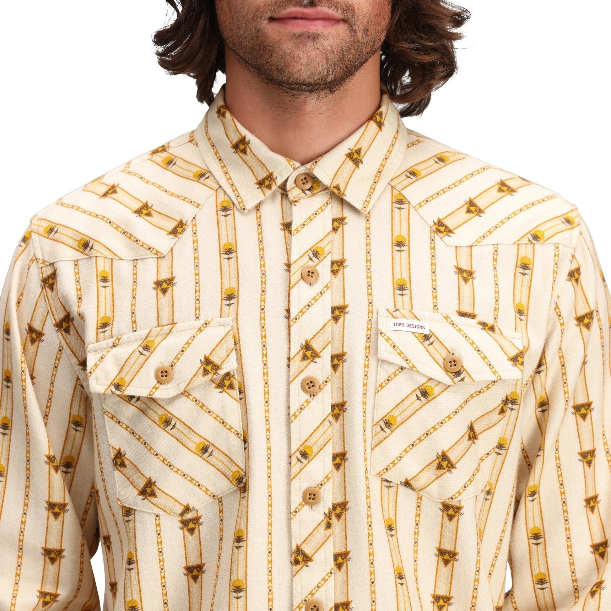 Detail shot of Topo Designs Mountain Shirt Long Sleeve - Men's in "Mountain Angle Bone White"