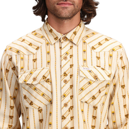 Detail shot of Topo Designs Mountain Shirt Long Sleeve - Men's in "Mountain Angle Bone White"