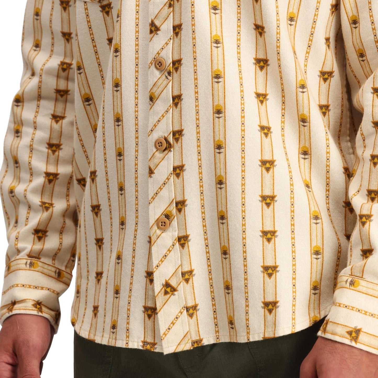 Detail shot of Topo Designs Mountain Shirt Long Sleeve - Men's in "Mountain Angle Bone White"