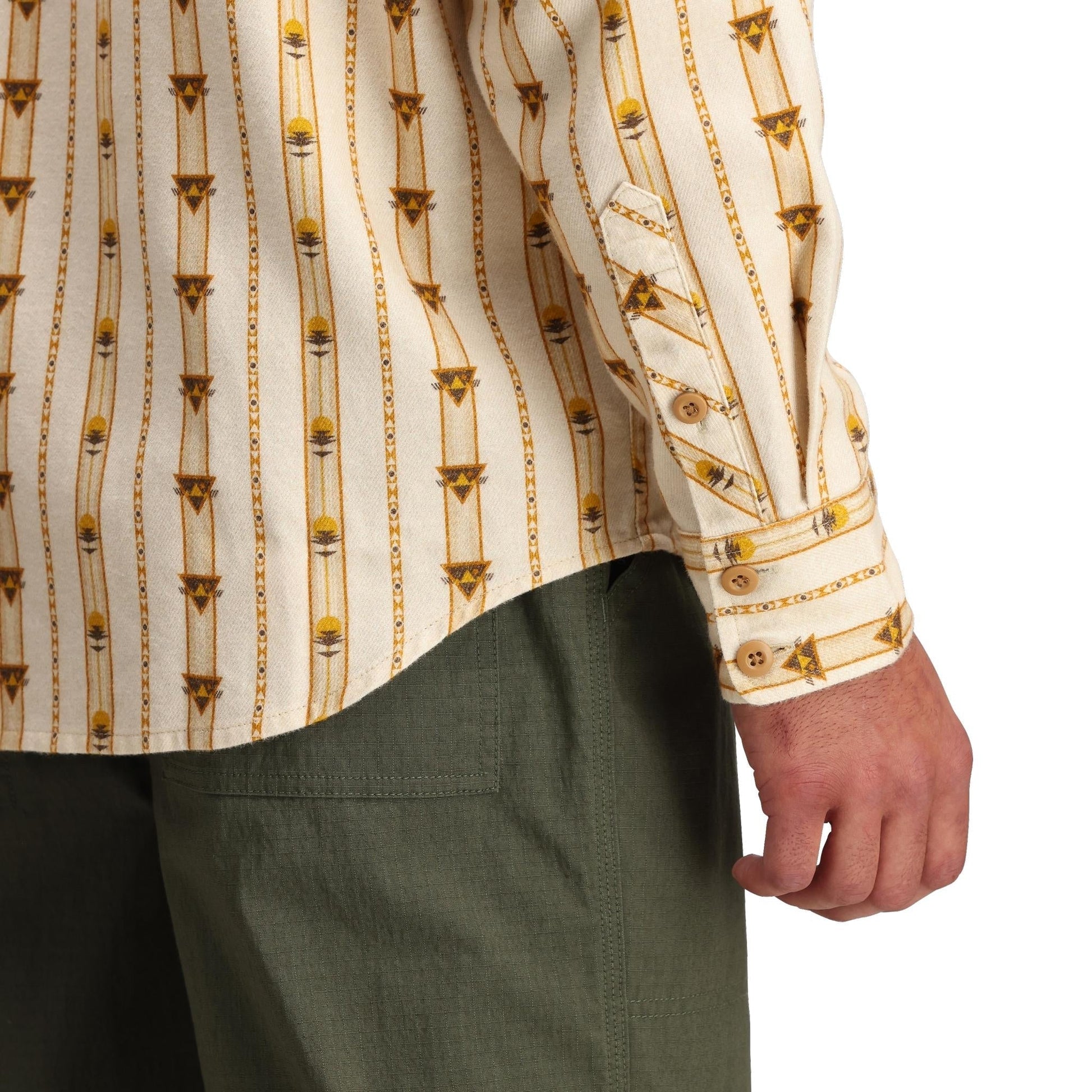 Detail shot of Topo Designs Mountain Shirt Long Sleeve - Men's in "Mountain Angle Bone White"