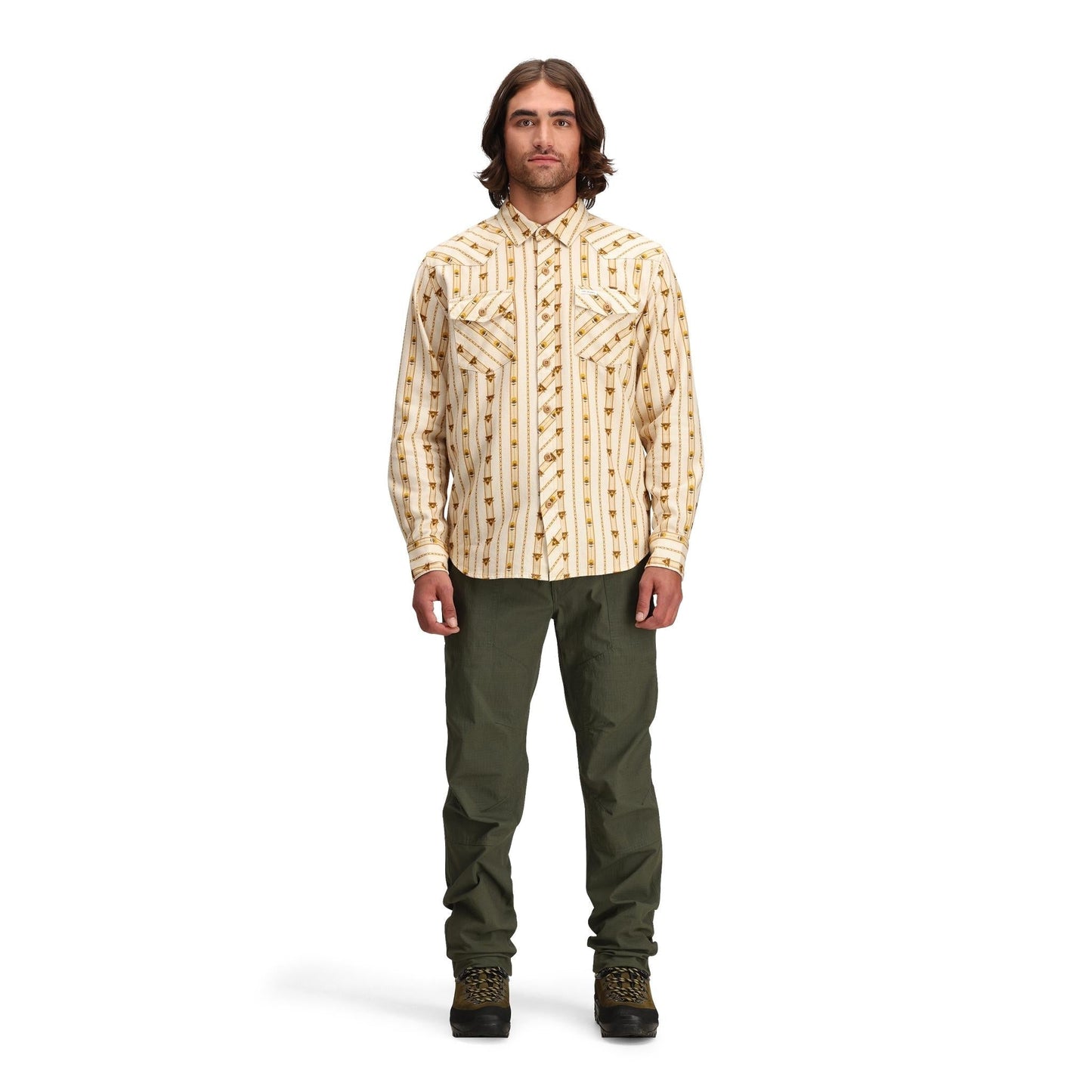 fRont model shot of Topo Designs Mountain Shirt Long Sleeve - Men's in "Mountain Angle Bone White"