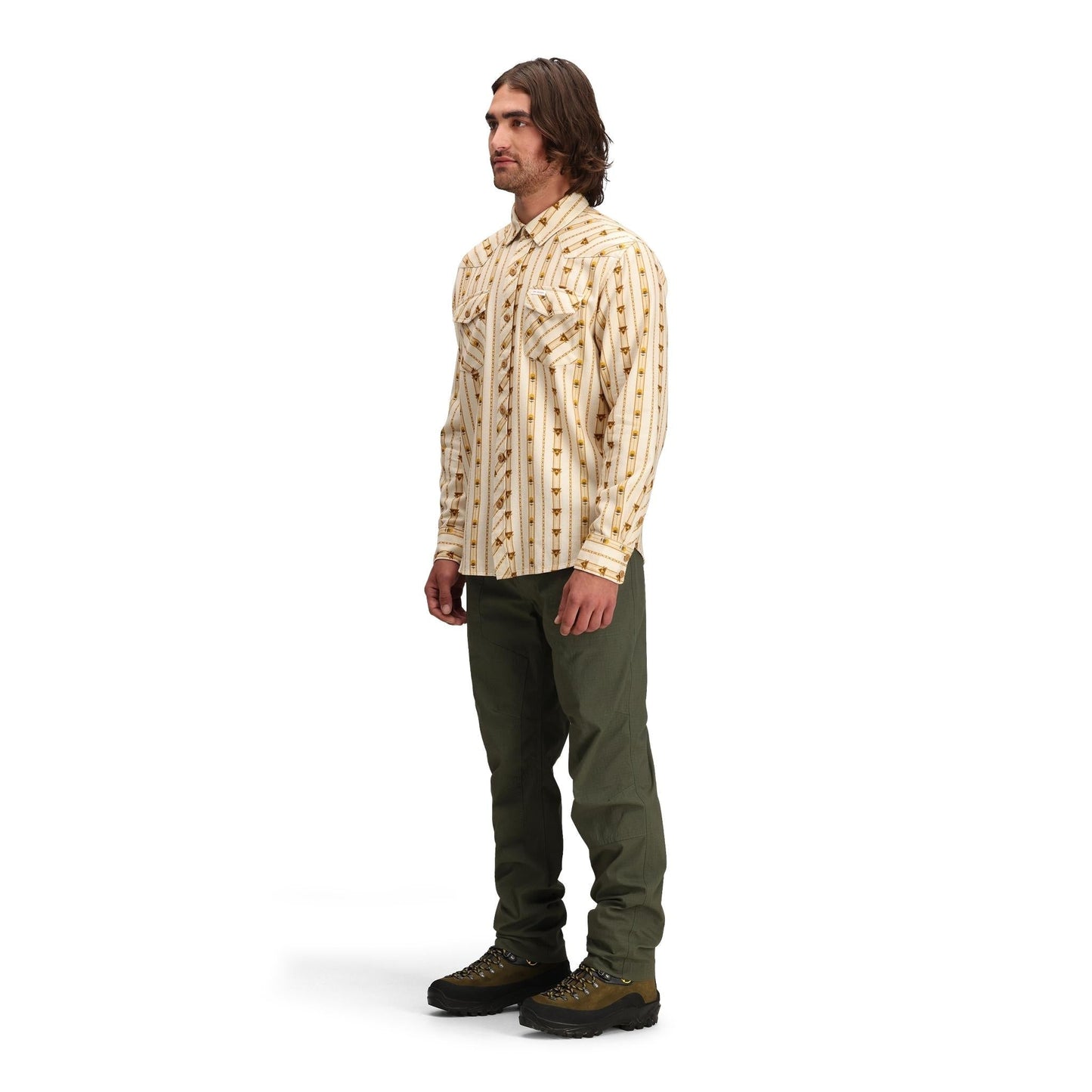 Side model shot of Topo Designs Mountain Shirt Long Sleeve - Men's in "Mountain Angle Bone White"