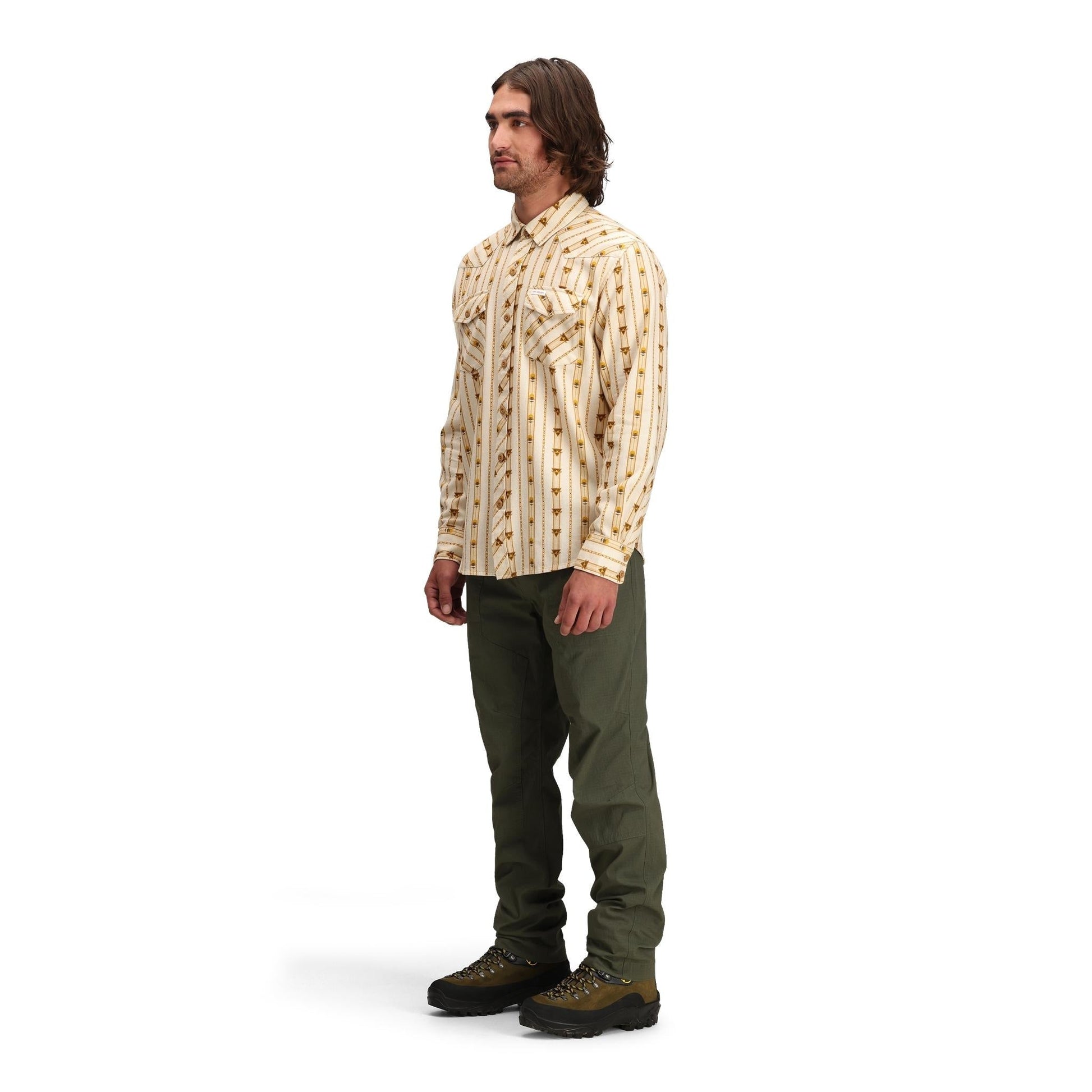 Side model shot of Topo Designs Mountain Shirt Long Sleeve - Men's in "Mountain Angle Bone White"