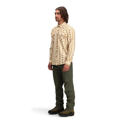Side model shot of Topo Designs Mountain Shirt Long Sleeve - Men's in "Mountain Angle Bone White"