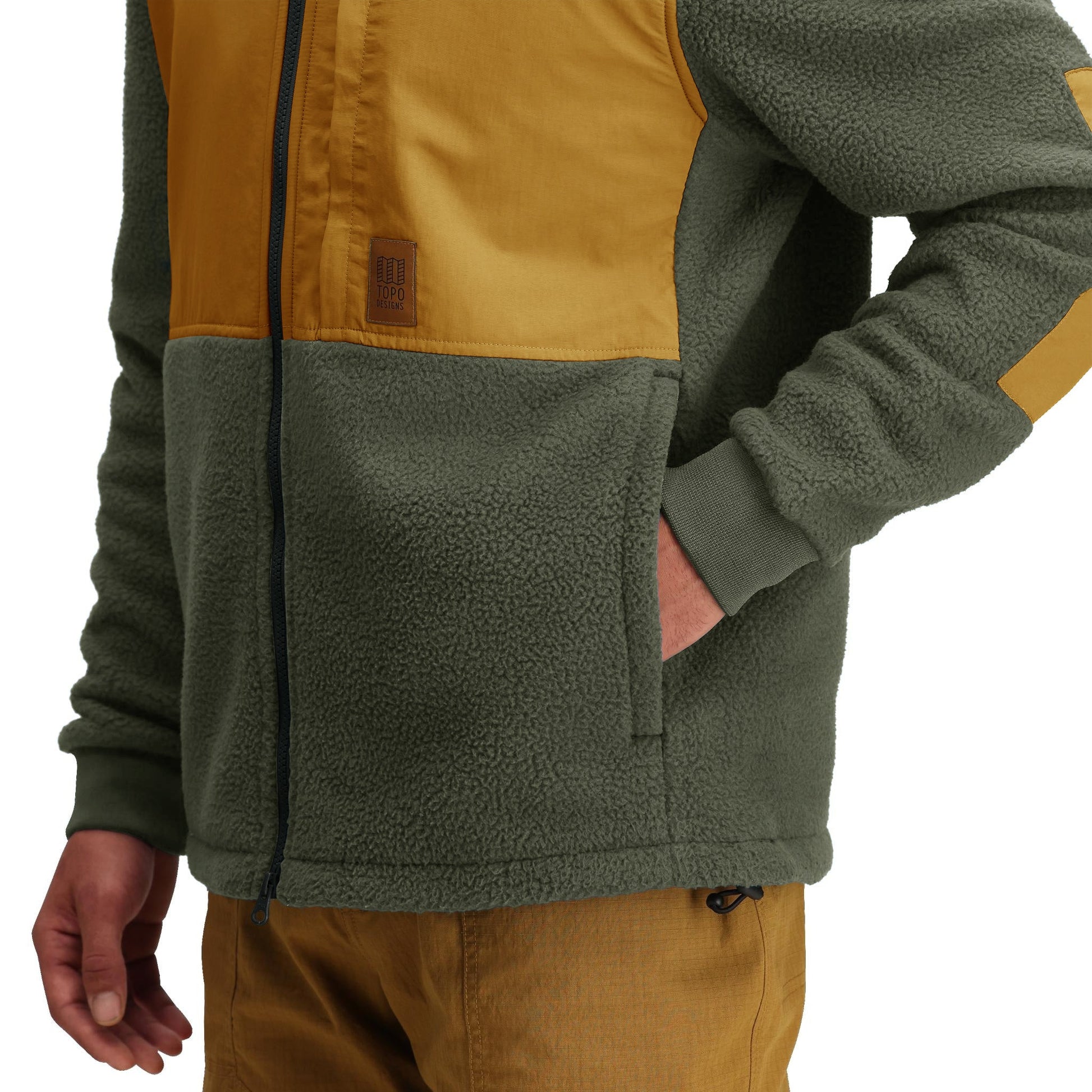 Detail shot of Topo Designs Summit Rise Full Zip Jacket - Men's in "Beetle / Dark Khaki"