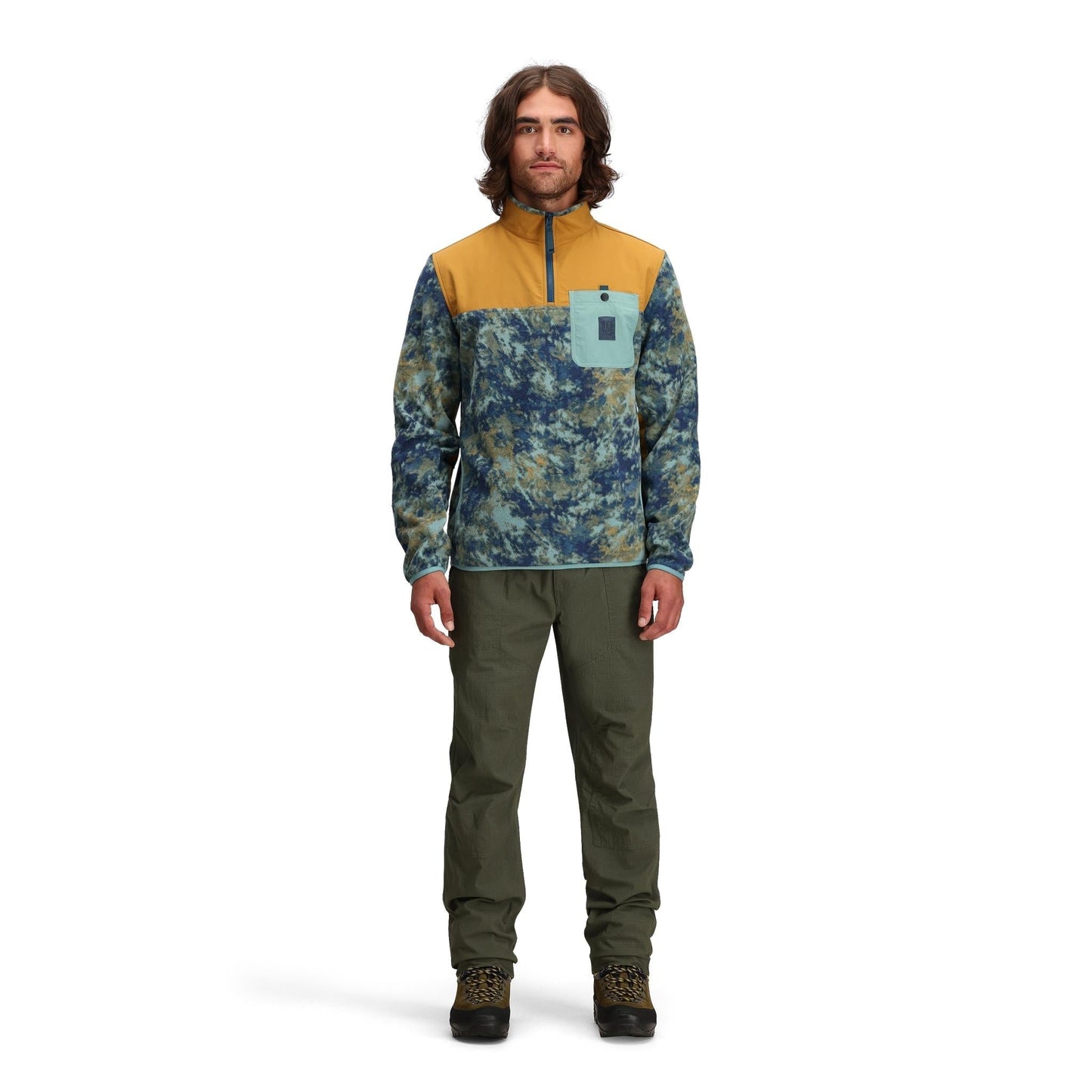 General Front model shot of Topo Designs Vista 1/4 Zip Lightweight Fleece - Men's in "Pond Blue Storm / Khaki"