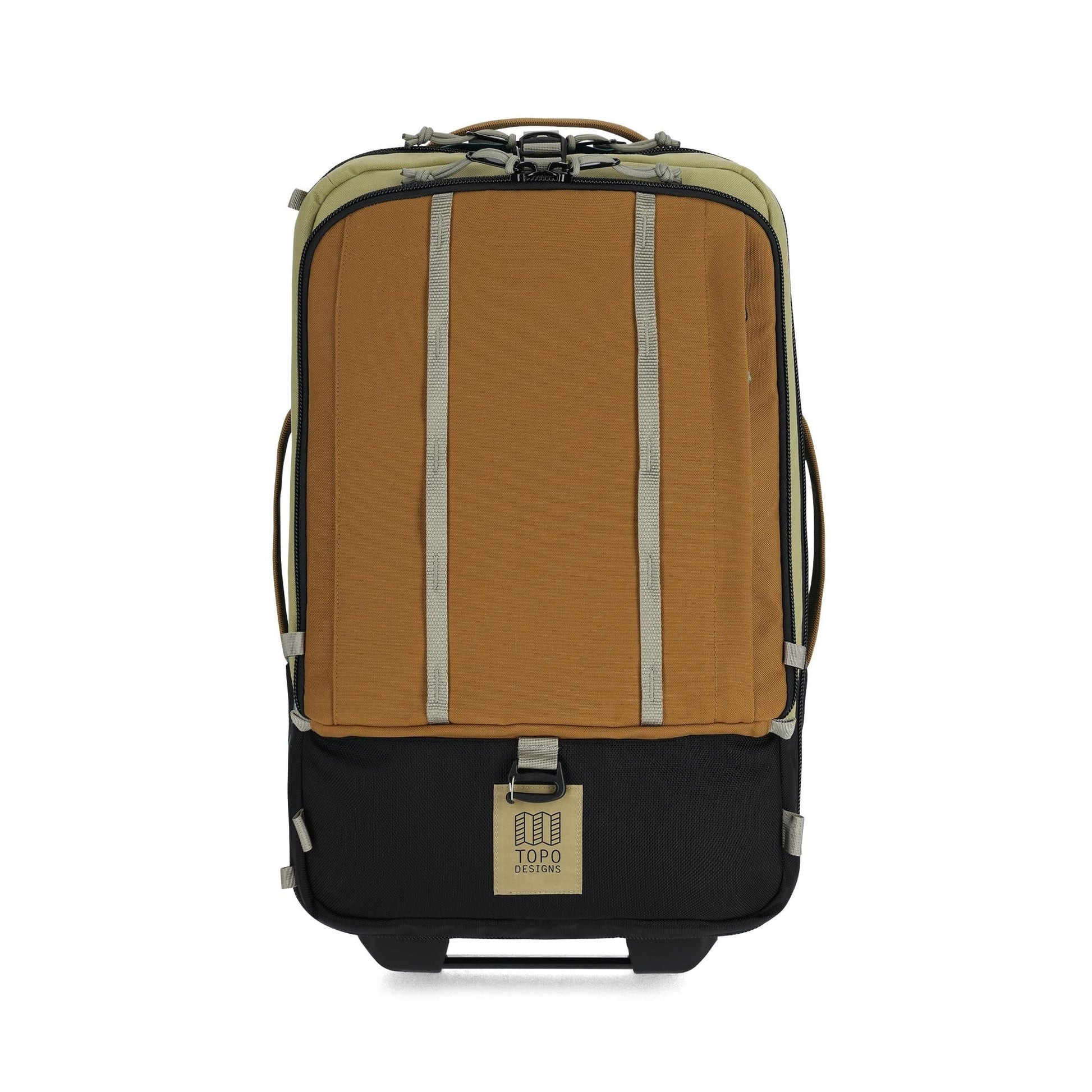 Front View of Topo Designs Global Travel Bag Roller in "Caribbean / Dark Khaki"