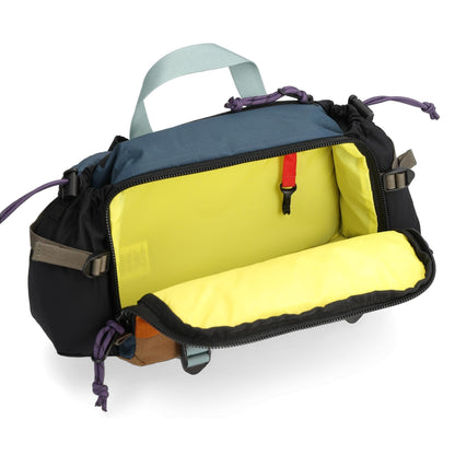General Detail shot of Topo Designs Mountain Hydro Hip Pack in "Pond Blue / Spice"