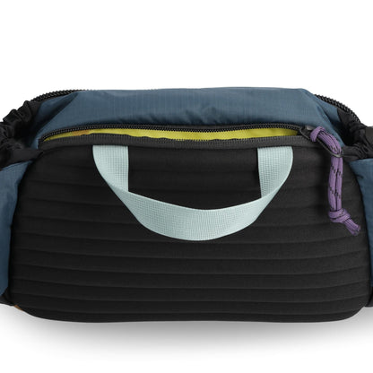 General Detail shot of Topo Designs Mountain Hydro Hip Pack in "Pond Blue / Spice"