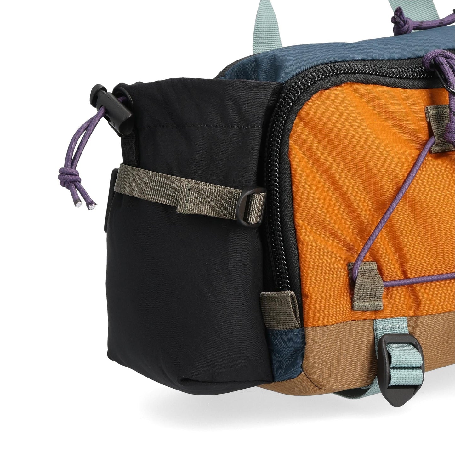 General Detail shot of Topo Designs Mountain Hydro Hip Pack in "Pond Blue / Spice"